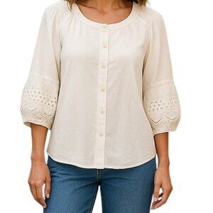 NWT Forgotten Grace Ivory Puff Embroidery Sleeves Cotton Button Down Top Size L